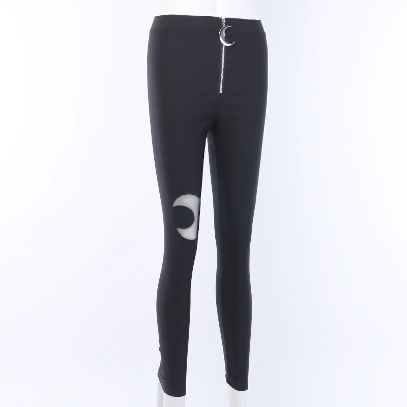 92382 European and American Autumn and Winter New Crescent Zipper High Waist Tight Skinny Trousers Women's Ins Casual Black Leggings