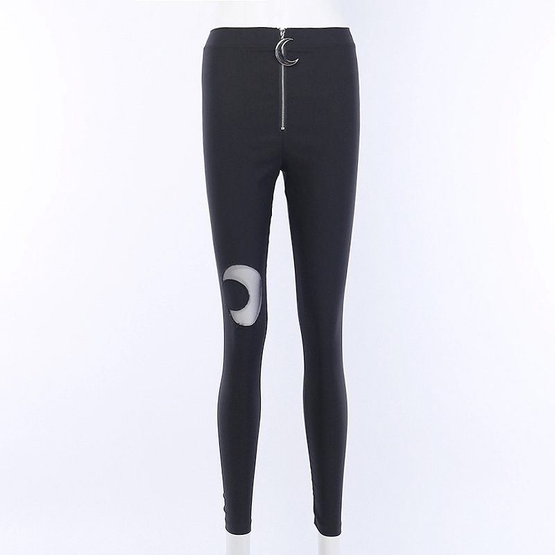 92382 European and American Autumn and Winter New Crescent Zipper High Waist Tight Skinny Trousers Women's Ins Casual Black Leggings