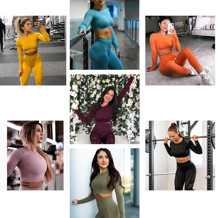 Spot European and American Yoga Exercise Suit Hollow Breathable Tight Clothes Women's Running Workout Long Sleeve Trousers Two-Piece Set Spot European and American Yoga Exercise Suit Hollow Breathable Tight Clothes Women's Running Workout Long Sleeve Trousers Two-Piece Set