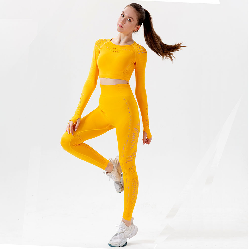 Spot European and American Yoga Exercise Suit Hollow Breathable Tight Clothes Women's Running Workout Long Sleeve Trousers Two-Piece Set Spot European and American Yoga Exercise Suit Hollow Breathable Tight Clothes Women's Running Workout Long Sleeve Trousers Two-Piece Set