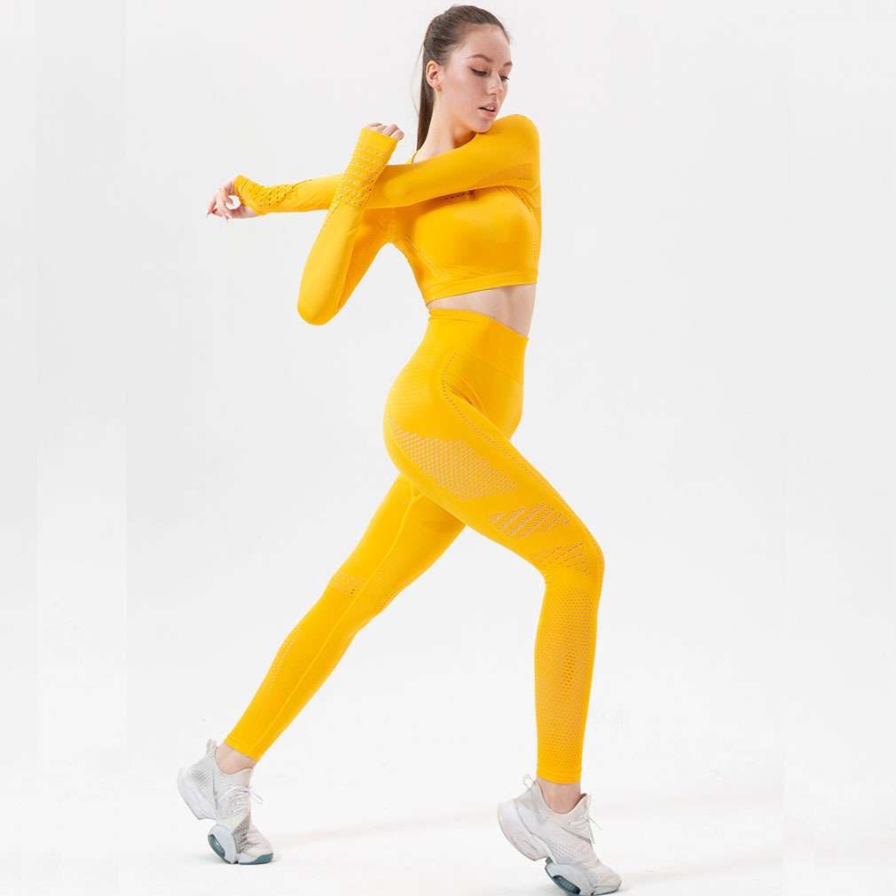Spot European and American Yoga Exercise Suit Hollow Breathable Tight Clothes Women's Running Workout Long Sleeve Trousers Two-Piece Set Spot European and American Yoga Exercise Suit Hollow Breathable Tight Clothes Women's Running Workout Long Sleeve Trousers Two-Piece Set