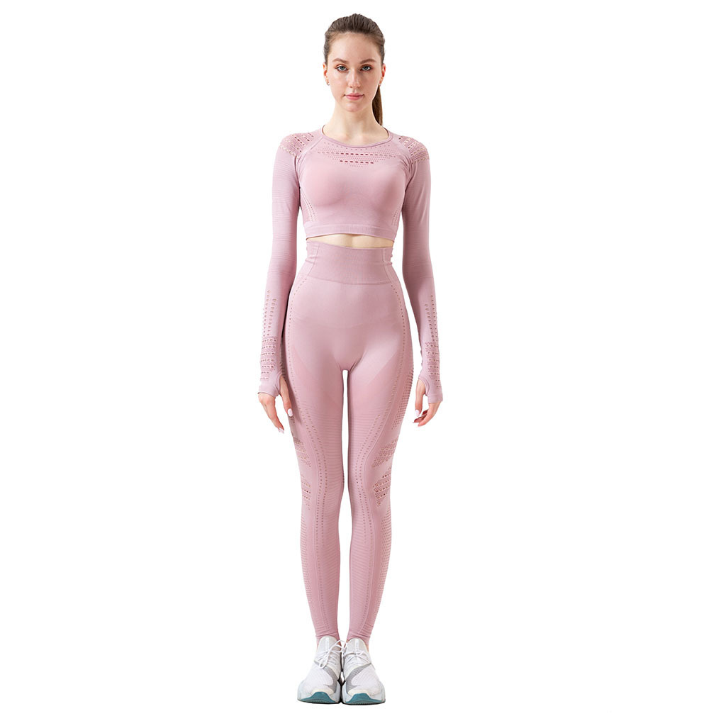 Spot European and American Yoga Exercise Suit Hollow Breathable Tight Clothes Women's Running Workout Long Sleeve Trousers Two-Piece Set Spot European and American Yoga Exercise Suit Hollow Breathable Tight Clothes Women's Running Workout Long Sleeve Trousers Two-Piece Set