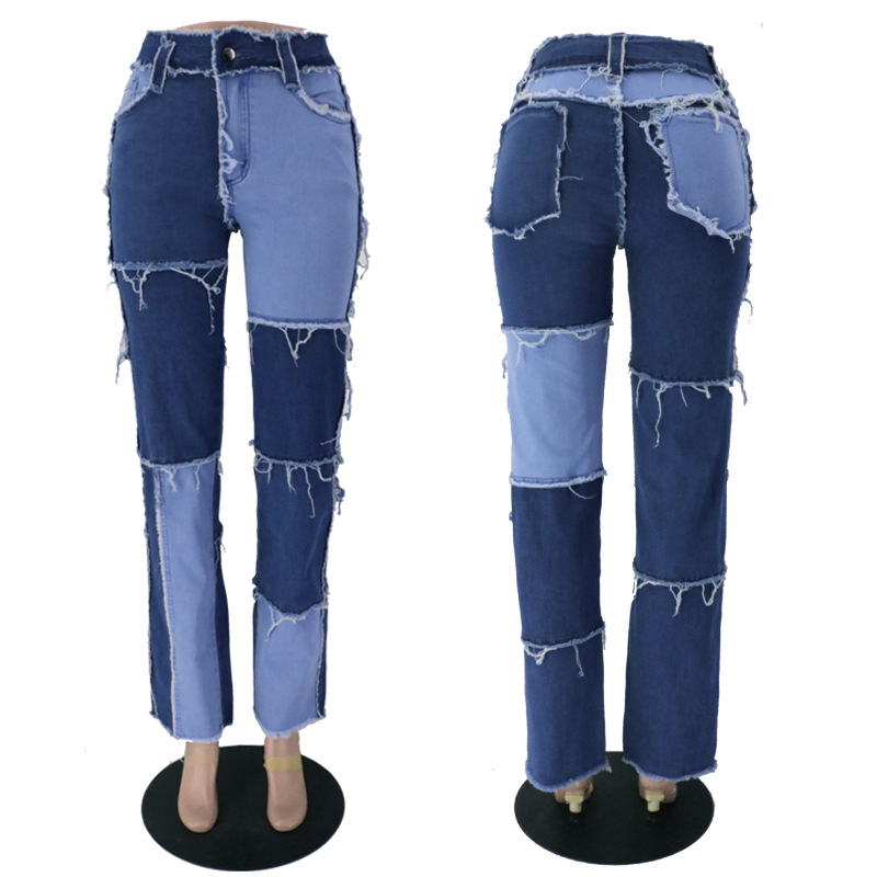 2020 Summer New Big Fashion Variegated Stitching High Waist Tight Hip Women&#039;s StraightLeg Denim Trousers