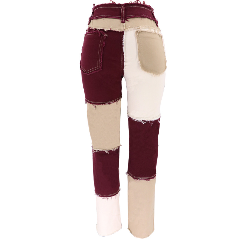 2020 Summer New Big Fashion Variegated Stitching High Waist Tight Hip Women's StraightLeg Denim Trousers