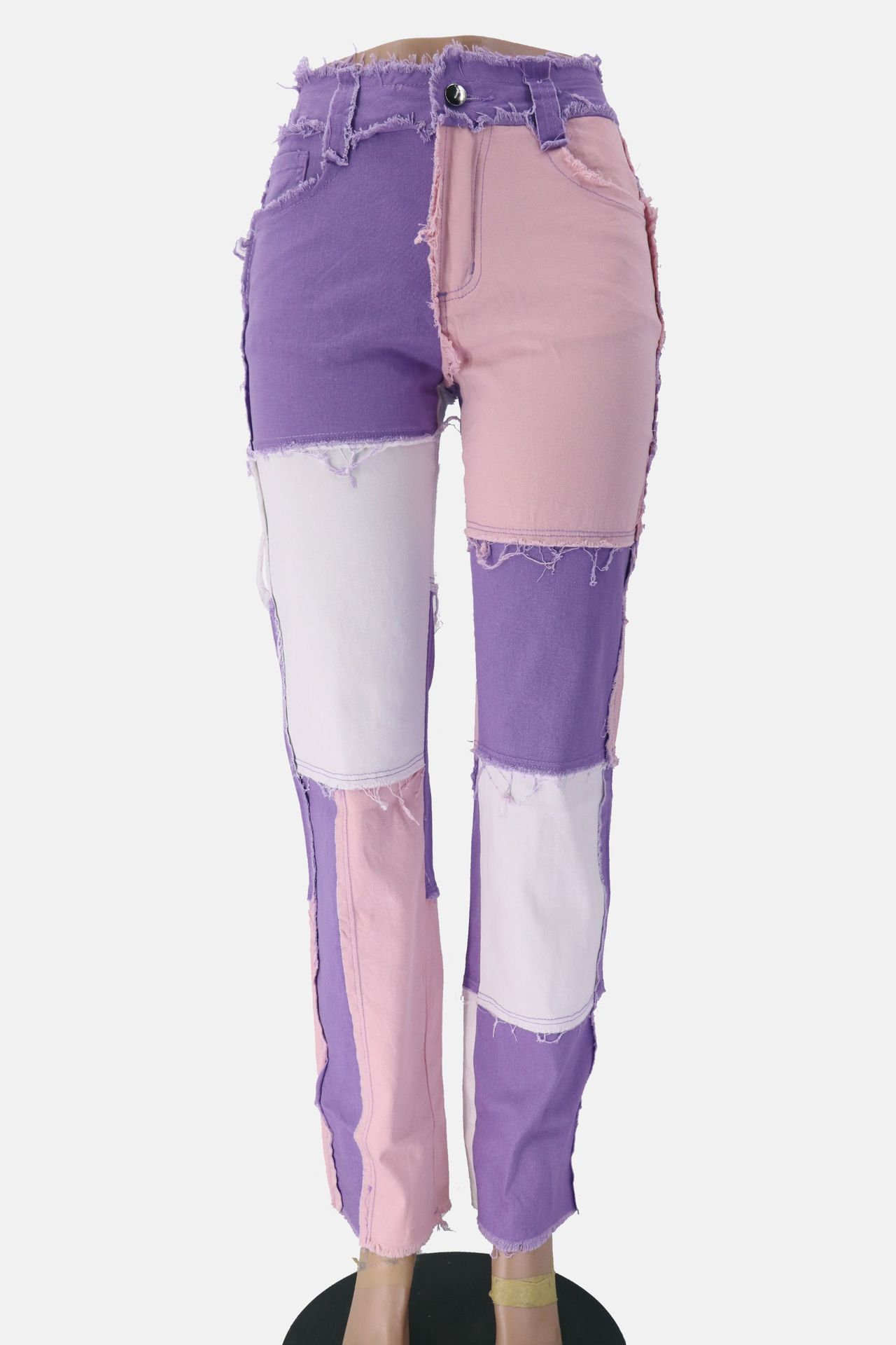 2020 Summer New Big Fashion Variegated Stitching High Waist Tight Hip Women's StraightLeg Denim Trousers