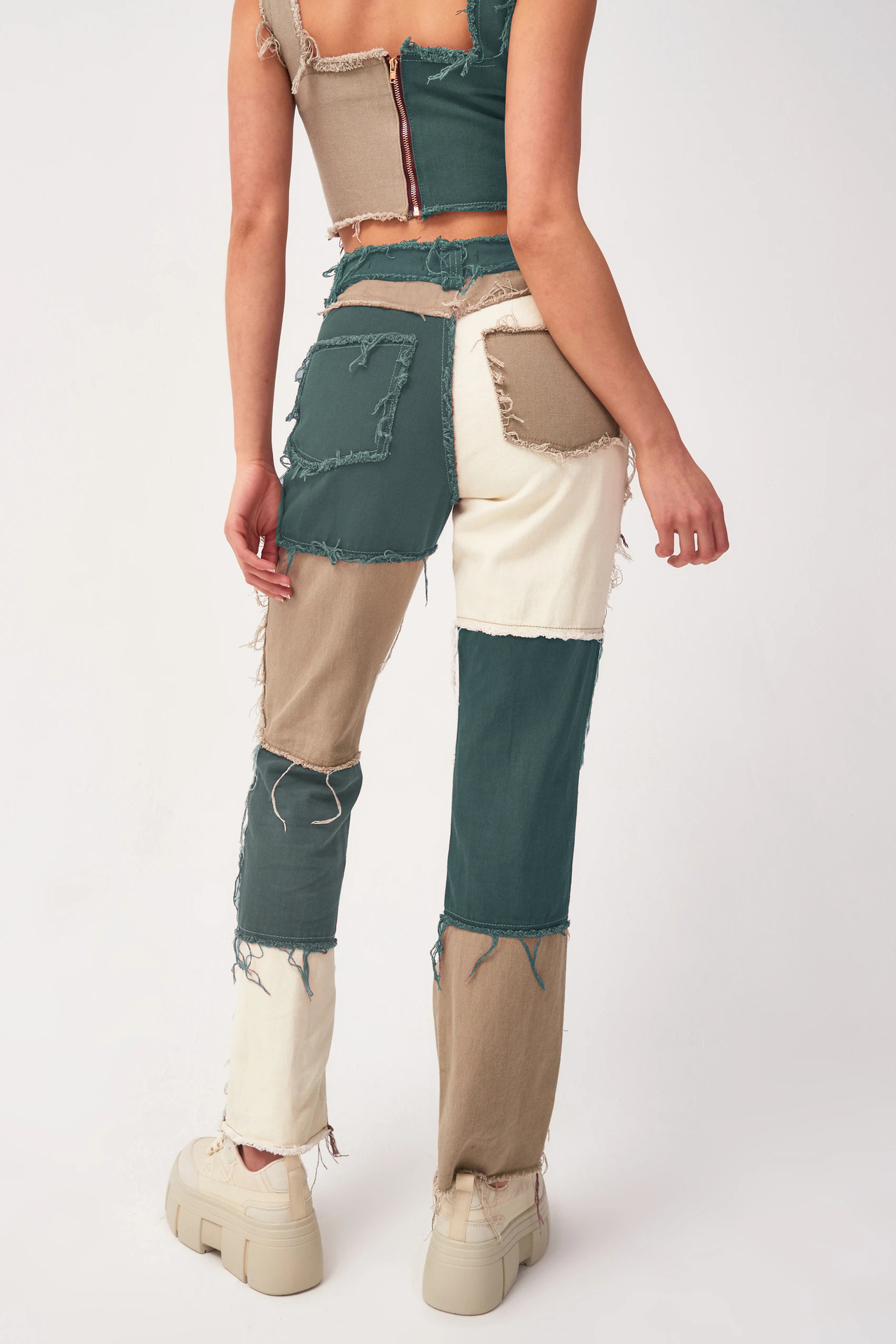 2020 Summer New Big Fashion Variegated Stitching High Waist Tight Hip Women's StraightLeg Denim Trousers