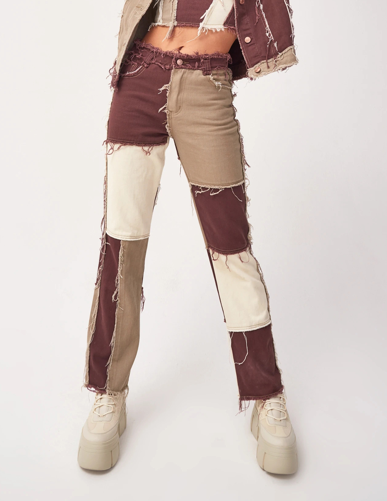2020 Summer New Big Fashion Variegated Stitching High Waist Tight Hip Women's StraightLeg Denim Trousers