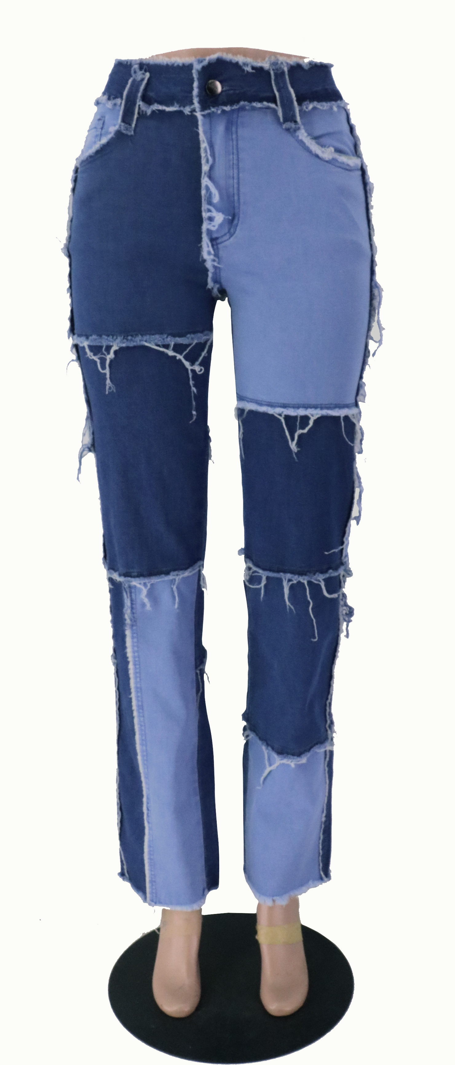 2020 Summer New Big Fashion Variegated Stitching High Waist Tight Hip Women's StraightLeg Denim Trousers