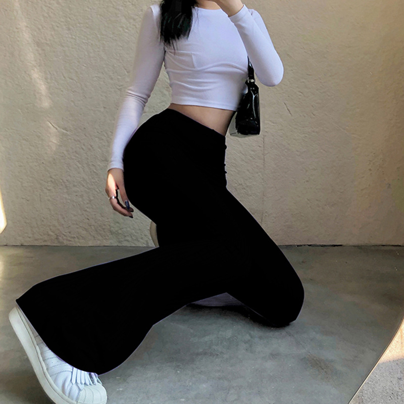 European and American Style 2021 New Women's Pants Fashion Pure Color Tight High-Waisted Boot-Cut Pants Female Stretch Casual Trousers