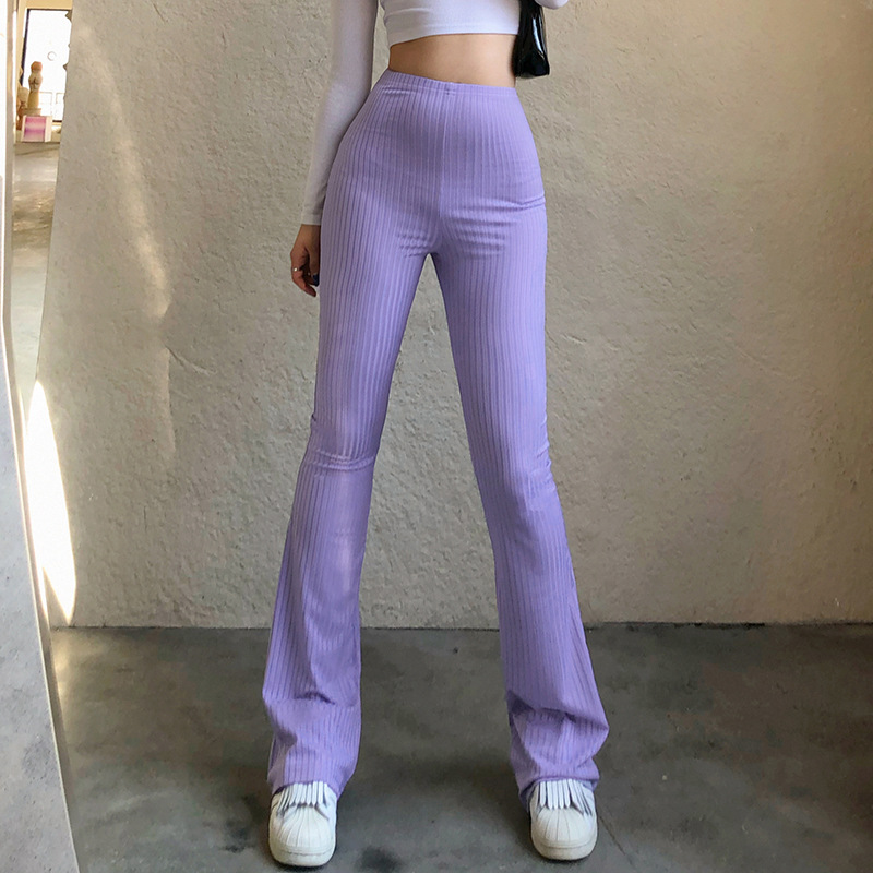 European and American Style 2021 New Women's Pants Fashion Pure Color Tight High-Waisted Boot-Cut Pants Female Stretch Casual Trousers