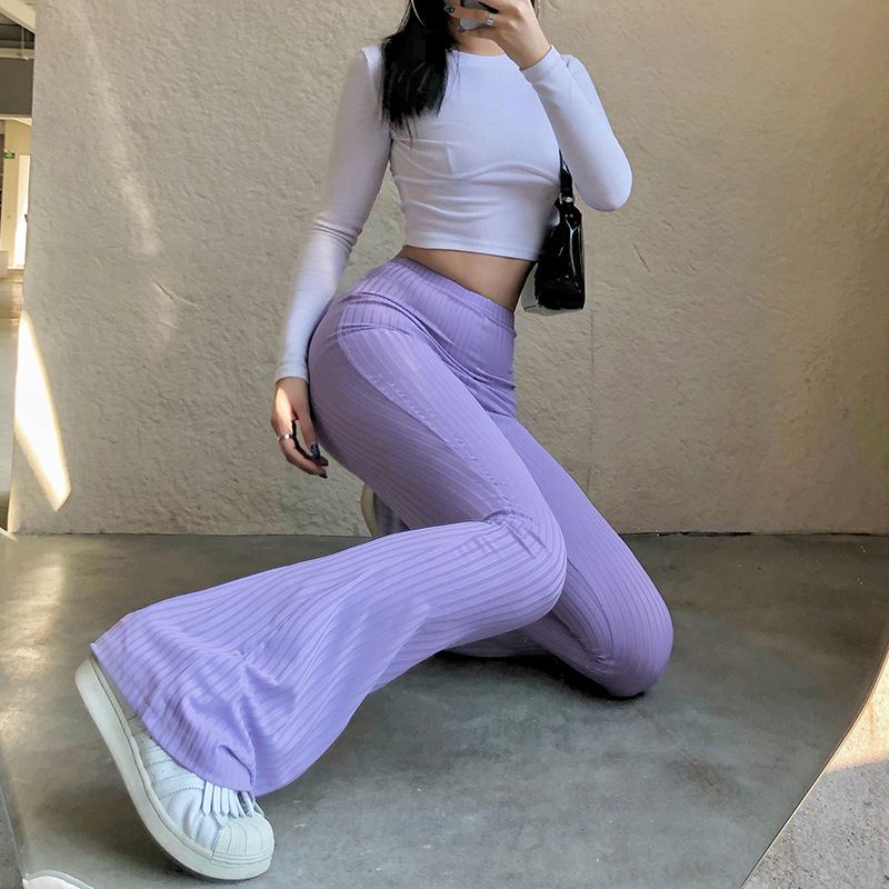 European and American Style 2021 New Women's Pants Fashion Pure Color Tight High-Waisted Boot-Cut Pants Female Stretch Casual Trousers