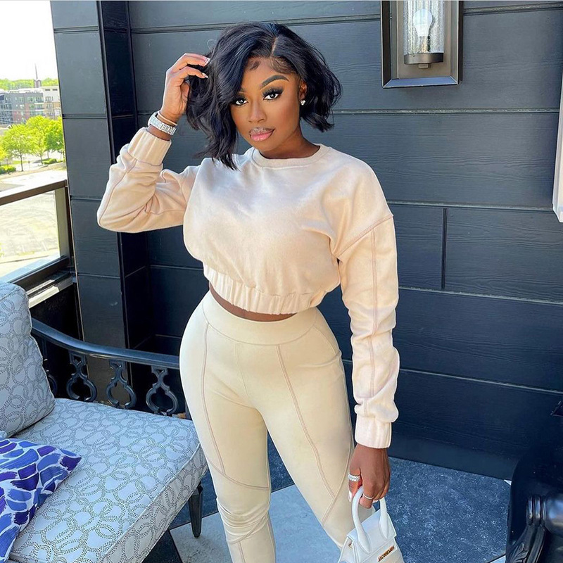 K21st523 European and American Women&#039;s Clothing Autumn New Casual Short Sports Top Tight inside-out Wear Trousers Two-Piece Set