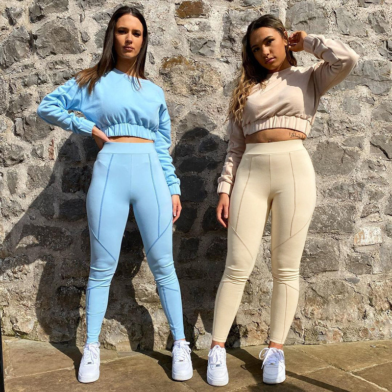 K21st523 European and American Women's Clothing Autumn New Casual Short Sports Top Tight inside-out Wear Trousers Two-Piece Set