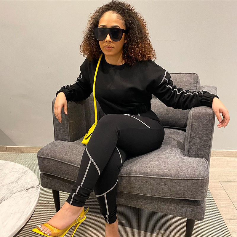 K21st523 European and American Women's Clothing Autumn New Casual Short Sports Top Tight inside-out Wear Trousers Two-Piece Set