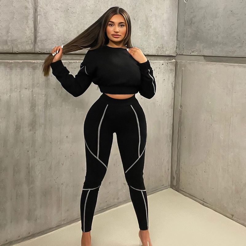 K21st523 European and American Women's Clothing Autumn New Casual Short Sports Top Tight inside-out Wear Trousers Two-Piece Set
