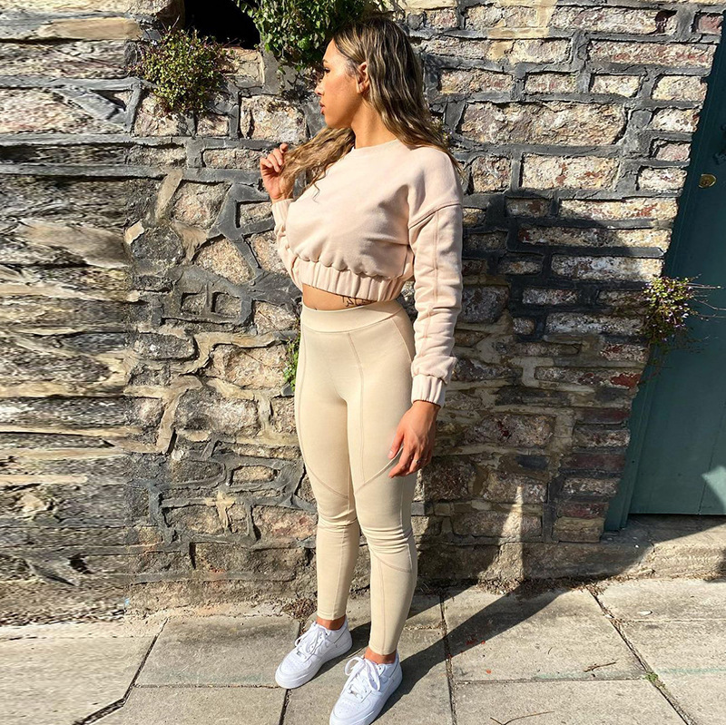 K21st523 European and American Women's Clothing Autumn New Casual Short Sports Top Tight inside-out Wear Trousers Two-Piece Set