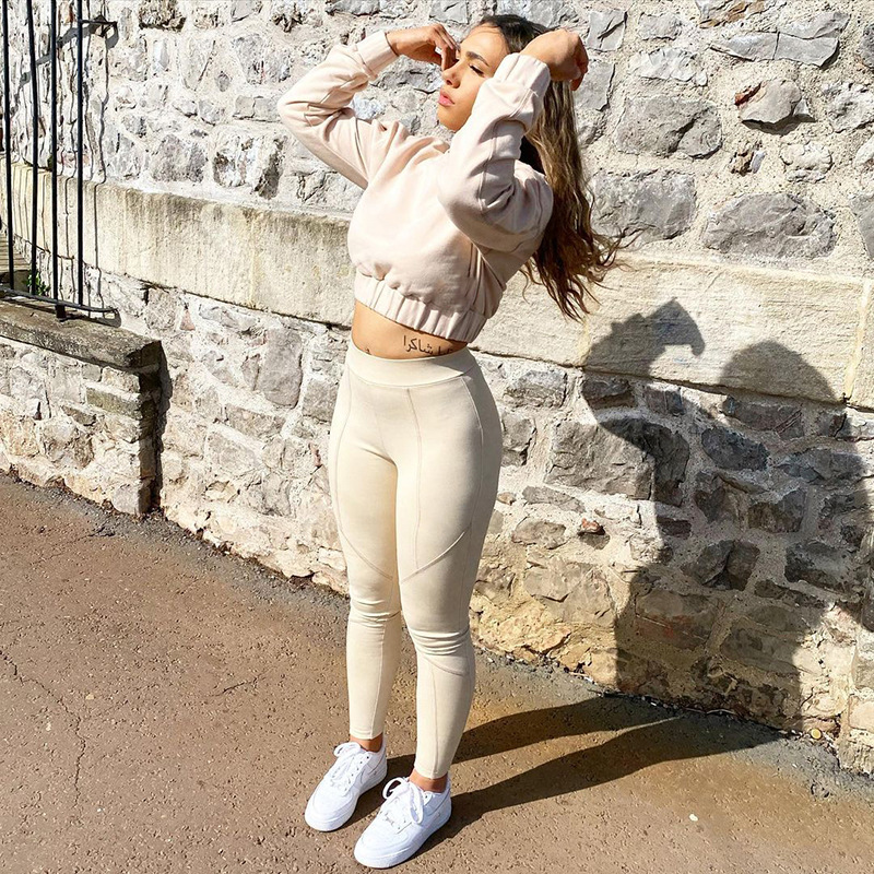 K21st523 European and American Women's Clothing Autumn New Casual Short Sports Top Tight inside-out Wear Trousers Two-Piece Set