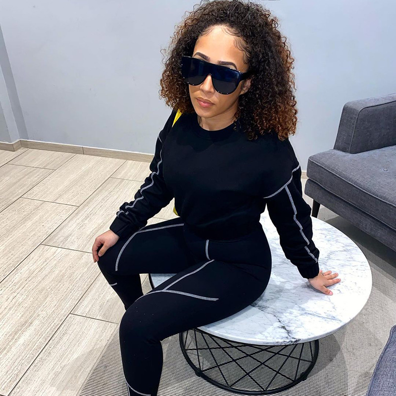K21st523 European and American Women's Clothing Autumn New Casual Short Sports Top Tight inside-out Wear Trousers Two-Piece Set