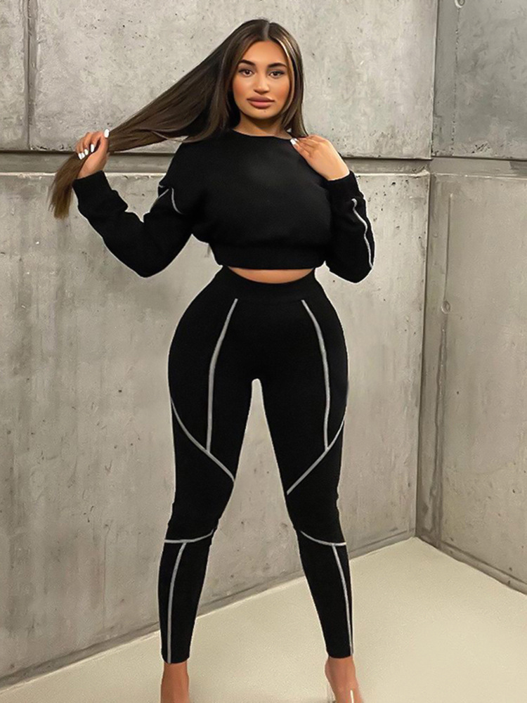 K21st523 European and American Women's Clothing Autumn New Casual Short Sports Top Tight inside-out Wear Trousers Two-Piece Set