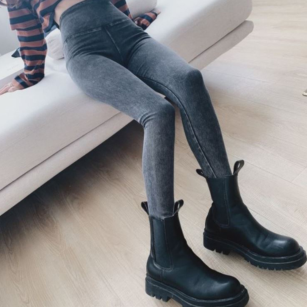 Tiktok Khaki Fleece-Lined Denim Weight Loss Pants High Waist Shaping Women&#039;s Yoga Tight Tappered Pencil Bottoming Trousers