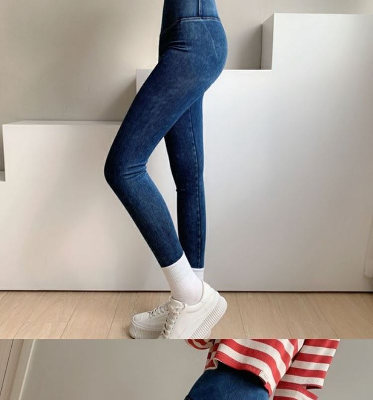 Tiktok Khaki Fleece-Lined Denim Weight Loss Pants High Waist Shaping Women's Yoga Tight Tappered Pencil Bottoming Trousers