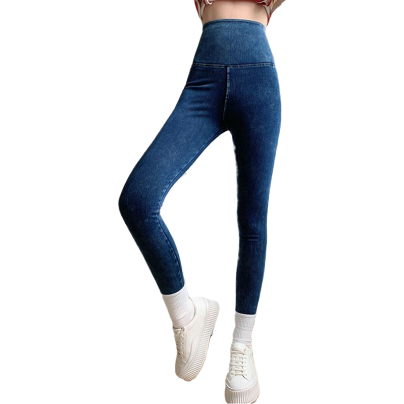 Tiktok Khaki Fleece-Lined Denim Weight Loss Pants High Waist Shaping Women&#039;s Yoga Tight Tappered Pencil Bottoming Trousers