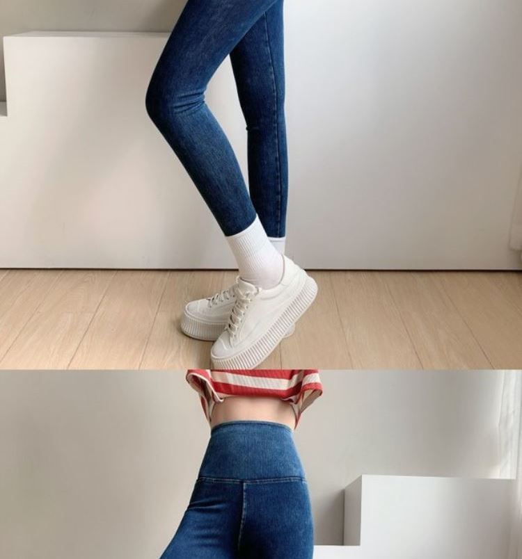 Tiktok Khaki Fleece-Lined Denim Weight Loss Pants High Waist Shaping Women's Yoga Tight Tappered Pencil Bottoming Trousers
