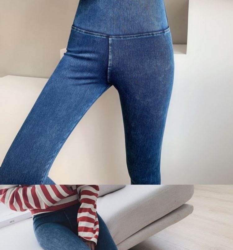 Tiktok Khaki Fleece-Lined Denim Weight Loss Pants High Waist Shaping Women's Yoga Tight Tappered Pencil Bottoming Trousers