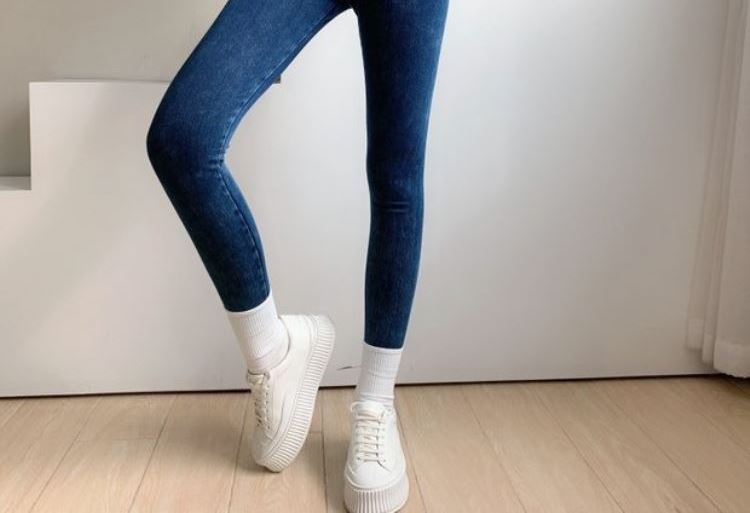 Tiktok Khaki Fleece-Lined Denim Weight Loss Pants High Waist Shaping Women's Yoga Tight Tappered Pencil Bottoming Trousers