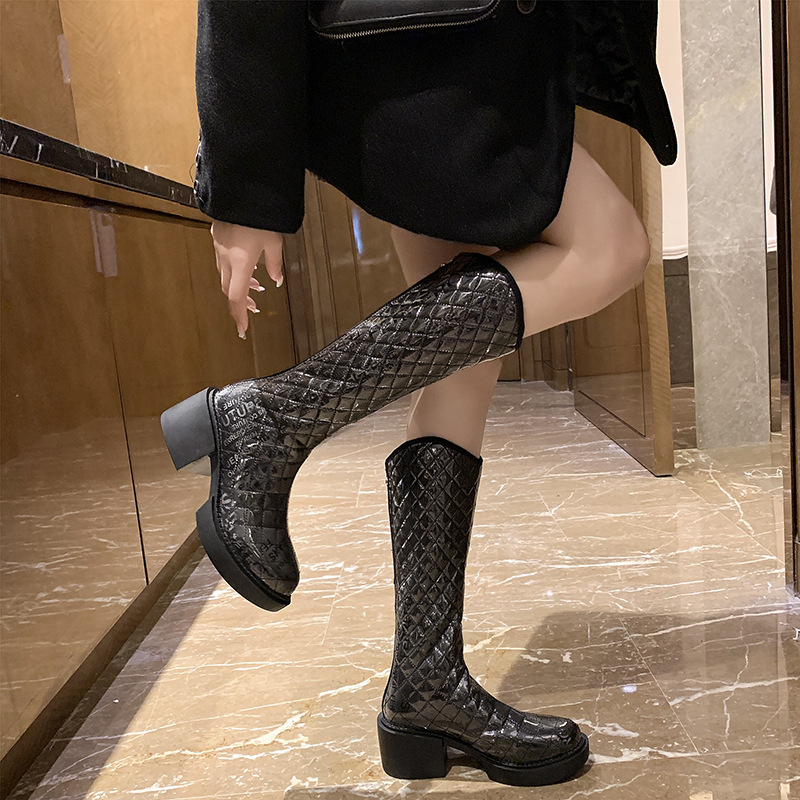 2021autumn and Winter New Fashion Korean Style round Head Chunky Heel High Leg Boot Internet Celebrity Back Zipper below the Knee Boots