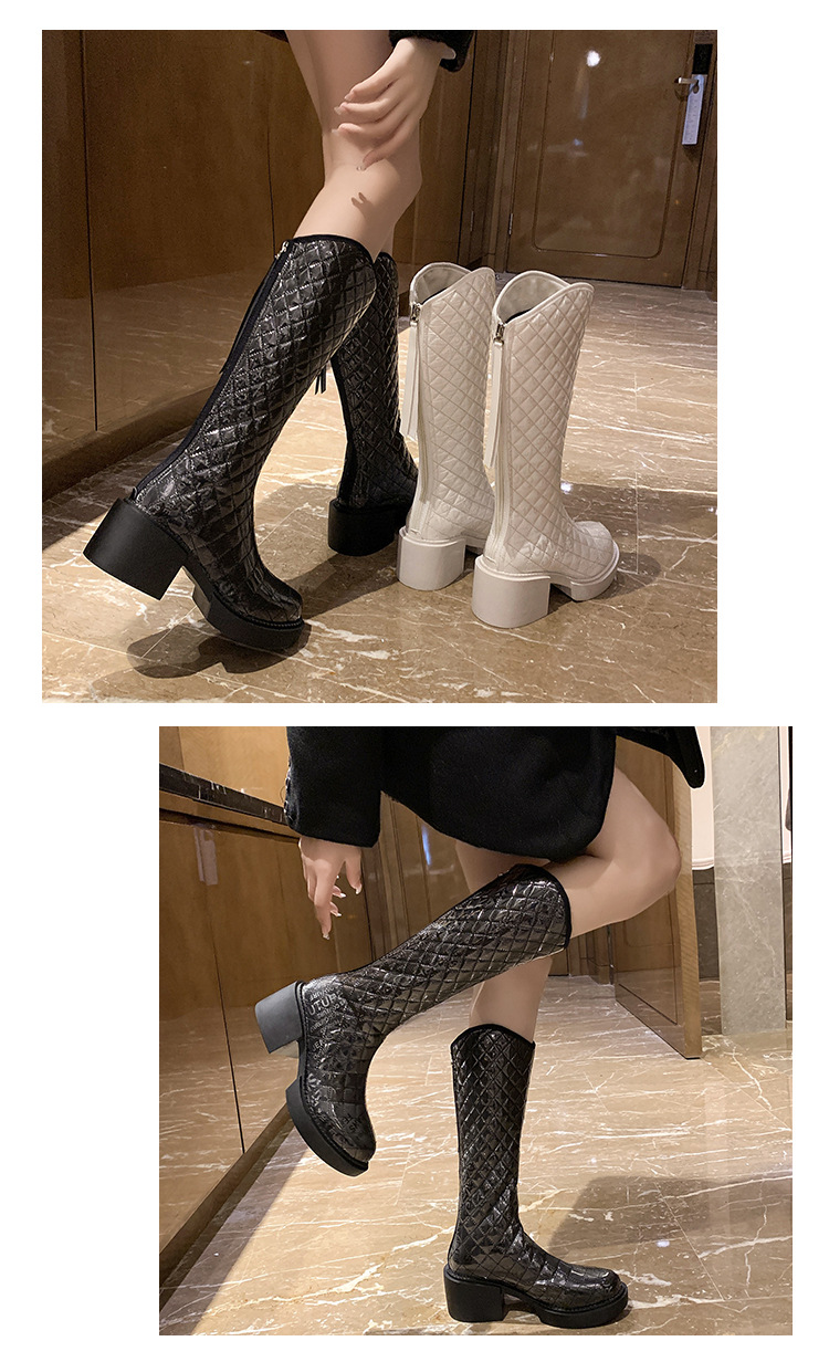 2021autumn and Winter New Fashion Korean Style round Head Chunky Heel High Leg Boot Internet Celebrity Back Zipper below the Knee Boots