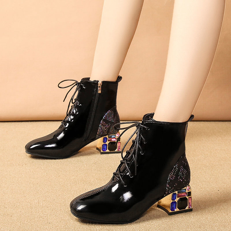 Women &#039;S Boots 2020 New Ankle Boots Bright Leather Chunky Heel Ankle Boots Patent Leather Women &#039;S Shoes Rhinestone High-Heeled Dr. Martens Boots Soft Leather Women &#039;S Boots