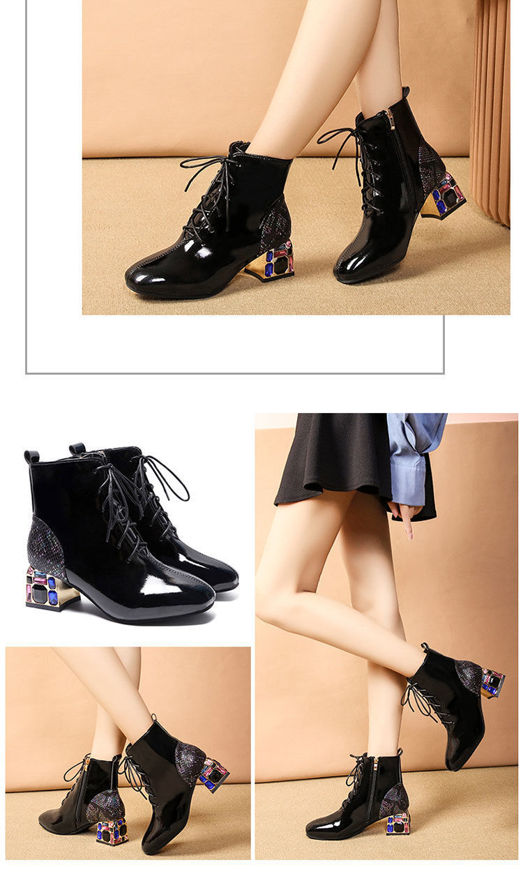 Women 'S Boots 2020 New Ankle Boots Bright Leather Chunky Heel Ankle Boots Patent Leather Women 'S Shoes Rhinestone High-Heeled Dr. Martens Boots Soft Leather Women 'S Boots