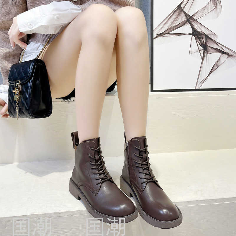 Autumn and Winter Leather Martin Boots Women&#039;s First Layer Cowhide British Style Motorcycle Black High-Top Women&#039;s Shoes