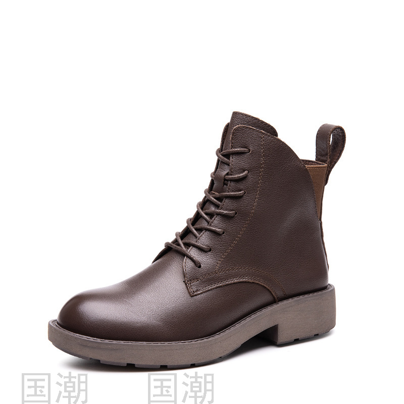 Autumn and Winter Leather Martin Boots Women&#039;s First Layer Cowhide British Style Motorcycle Black High-Top Women&#039;s Shoes