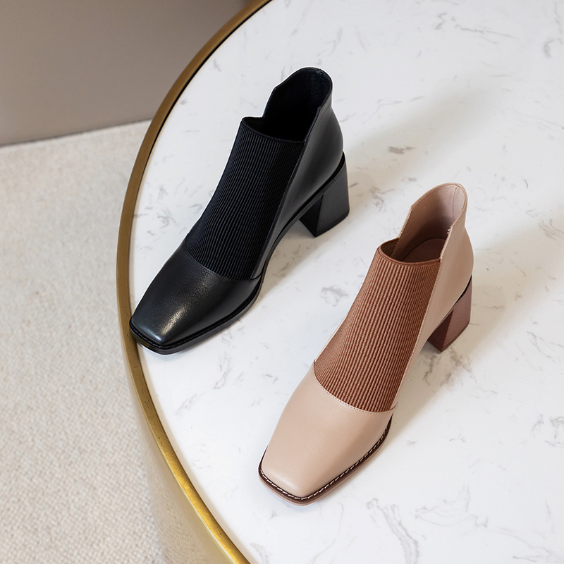 Spring 2021 New Women&#039;s Chunky Heel Genuine Leather Shoes Korean Style Square Toe Elastic Knitted Stitching Ankle Boots High Heel Not Blind Stitch Leather Boots