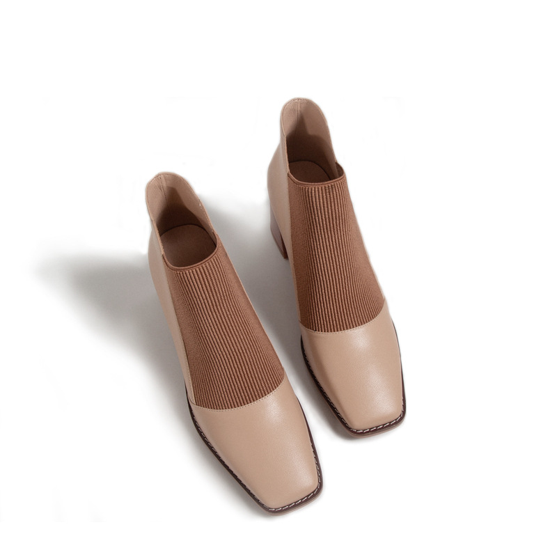 Spring 2021 New Women&#039;s Chunky Heel Genuine Leather Shoes Korean Style Square Toe Elastic Knitted Stitching Ankle Boots High Heel Not Blind Stitch Leather Boots