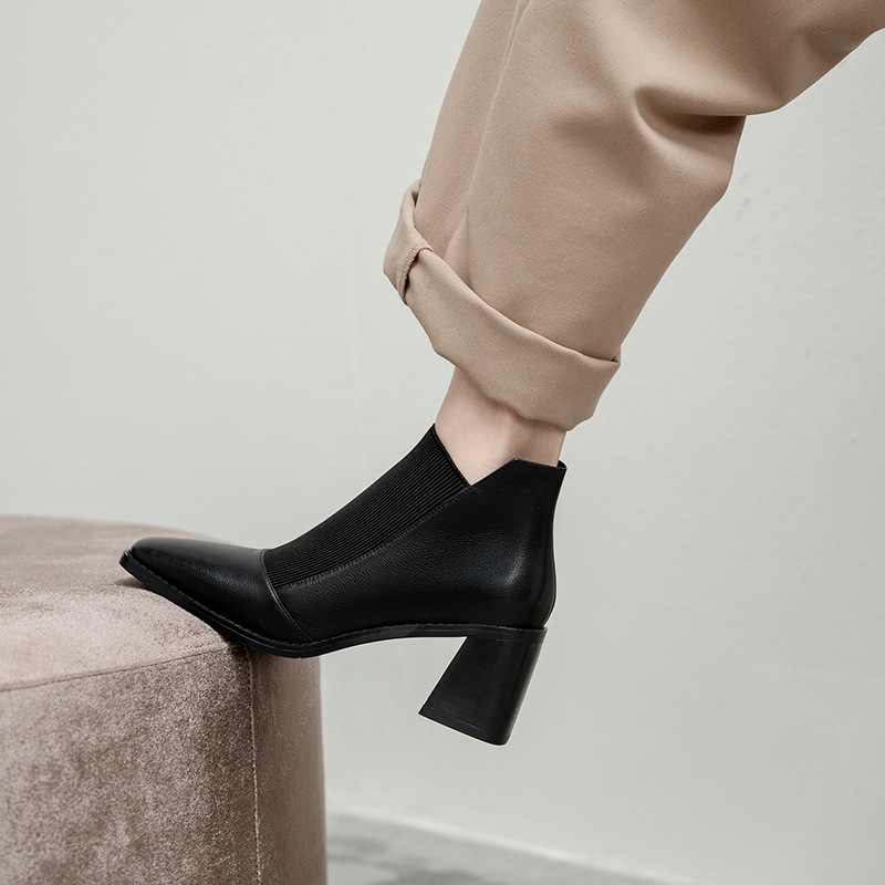 Spring 2021 New Women&#039;s Chunky Heel Genuine Leather Shoes Korean Style Square Toe Elastic Knitted Stitching Ankle Boots High Heel Not Blind Stitch Leather Boots
