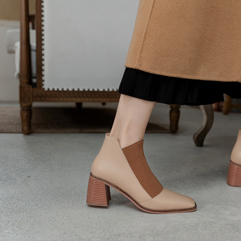 Spring 2021 New Women&#039;s Chunky Heel Genuine Leather Shoes Korean Style Square Toe Elastic Knitted Stitching Ankle Boots High Heel Not Blind Stitch Leather Boots