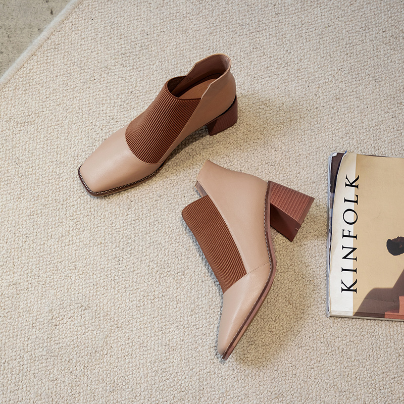 Spring 2021 New Women's Chunky Heel Genuine Leather Shoes Korean Style Square Toe Elastic Knitted Stitching Ankle Boots High Heel Not Blind Stitch Leather Boots Spring 2021 New Women's Chunky Heel Genuine Leather Shoes Korean Style Square Toe Elastic Knitted Stitching Ankle Boots High Heel Not Blind Stitch Leather Boots