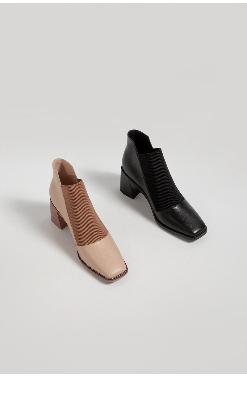 Spring 2021 New Women's Chunky Heel Genuine Leather Shoes Korean Style Square Toe Elastic Knitted Stitching Ankle Boots High Heel Not Blind Stitch Leather Boots Spring 2021 New Women's Chunky Heel Genuine Leather Shoes Korean Style Square Toe Elastic Knitted Stitching Ankle Boots High Heel Not Blind Stitch Leather Boots