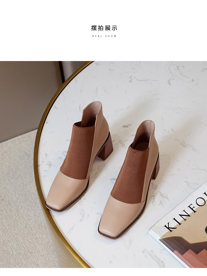 Spring 2021 New Women's Chunky Heel Genuine Leather Shoes Korean Style Square Toe Elastic Knitted Stitching Ankle Boots High Heel Not Blind Stitch Leather Boots Spring 2021 New Women's Chunky Heel Genuine Leather Shoes Korean Style Square Toe Elastic Knitted Stitching Ankle Boots High Heel Not Blind Stitch Leather Boots