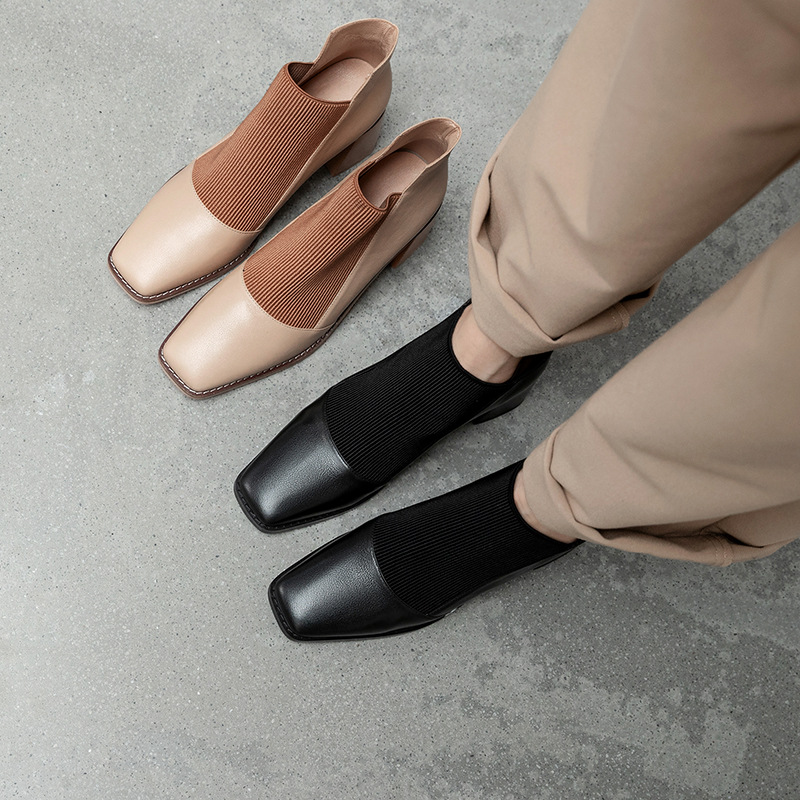 Spring 2021 New Women's Chunky Heel Genuine Leather Shoes Korean Style Square Toe Elastic Knitted Stitching Ankle Boots High Heel Not Blind Stitch Leather Boots Spring 2021 New Women's Chunky Heel Genuine Leather Shoes Korean Style Square Toe Elastic Knitted Stitching Ankle Boots High Heel Not Blind Stitch Leather Boots
