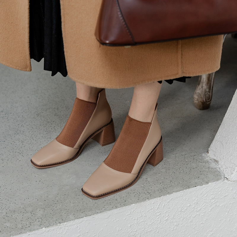 Spring 2021 New Women's Chunky Heel Genuine Leather Shoes Korean Style Square Toe Elastic Knitted Stitching Ankle Boots High Heel Not Blind Stitch Leather Boots Spring 2021 New Women's Chunky Heel Genuine Leather Shoes Korean Style Square Toe Elastic Knitted Stitching Ankle Boots High Heel Not Blind Stitch Leather Boots