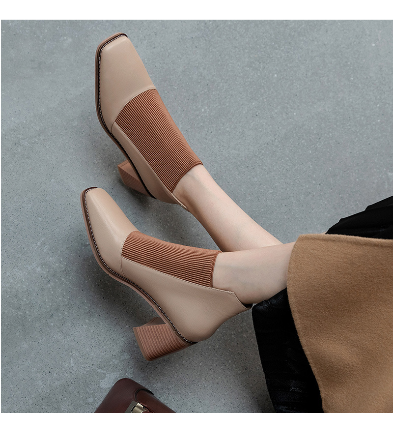 Spring 2021 New Women's Chunky Heel Genuine Leather Shoes Korean Style Square Toe Elastic Knitted Stitching Ankle Boots High Heel Not Blind Stitch Leather Boots Spring 2021 New Women's Chunky Heel Genuine Leather Shoes Korean Style Square Toe Elastic Knitted Stitching Ankle Boots High Heel Not Blind Stitch Leather Boots