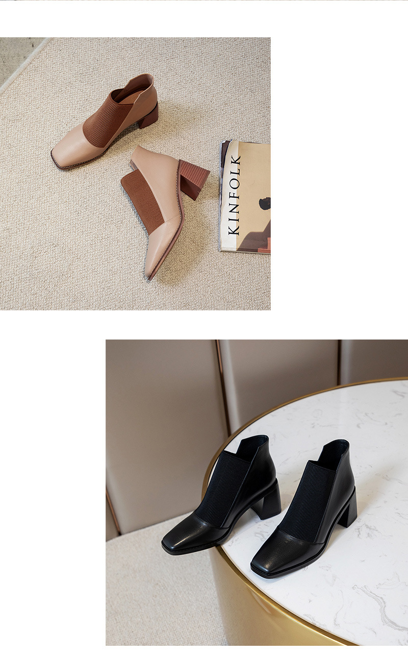Spring 2021 New Women's Chunky Heel Genuine Leather Shoes Korean Style Square Toe Elastic Knitted Stitching Ankle Boots High Heel Not Blind Stitch Leather Boots Spring 2021 New Women's Chunky Heel Genuine Leather Shoes Korean Style Square Toe Elastic Knitted Stitching Ankle Boots High Heel Not Blind Stitch Leather Boots