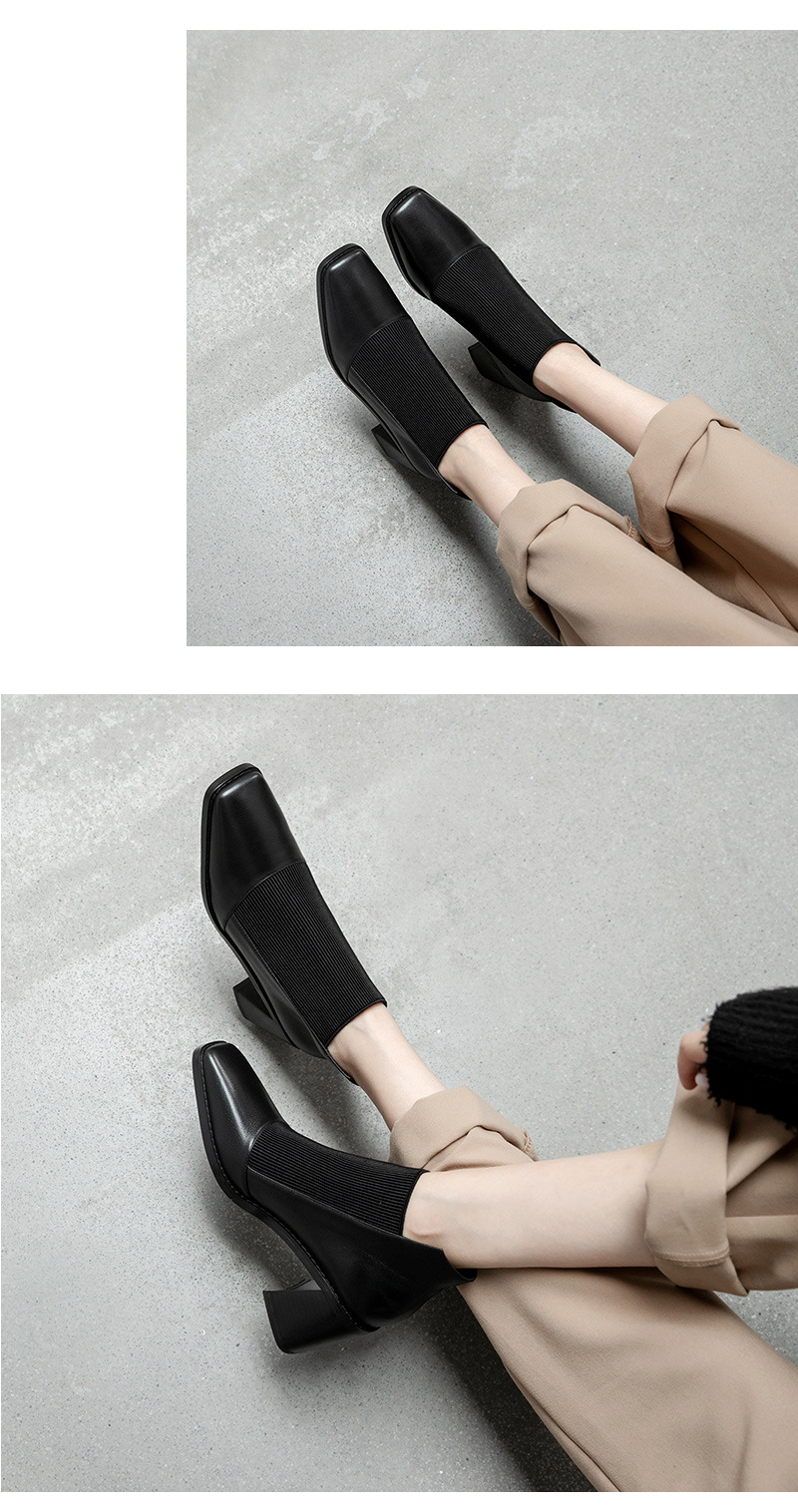 Spring 2021 New Women's Chunky Heel Genuine Leather Shoes Korean Style Square Toe Elastic Knitted Stitching Ankle Boots High Heel Not Blind Stitch Leather Boots Spring 2021 New Women's Chunky Heel Genuine Leather Shoes Korean Style Square Toe Elastic Knitted Stitching Ankle Boots High Heel Not Blind Stitch Leather Boots