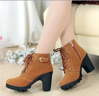 New High Heel Foreign Trade Women&#039;s Boots Cross Strap Short Boots Chunky Heel Martin Boots Leather Boots in Stock Whole