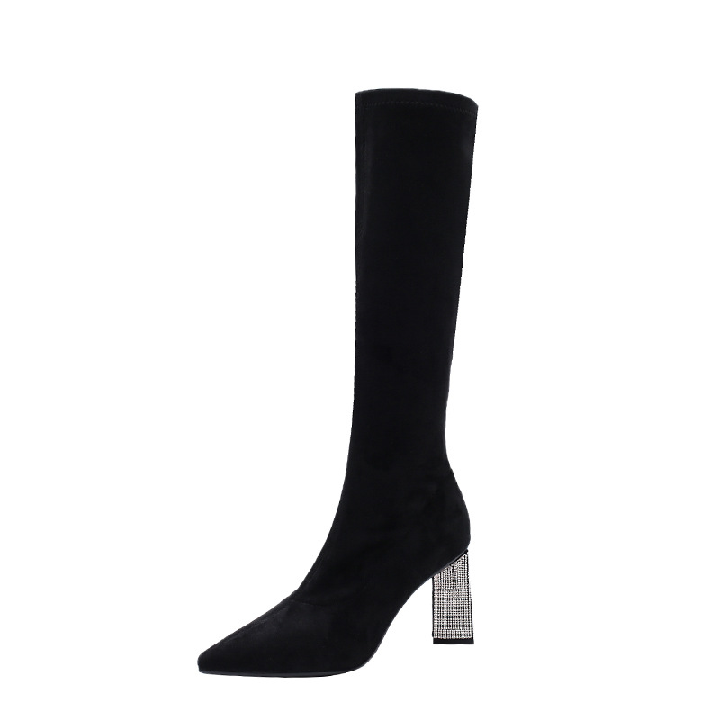 Winter Rhinestone Chunky Heel below the Knee Long Boots Female High Heel 202 New Pointed Toe All-Matching Black Thigh Highs Skinny Boots