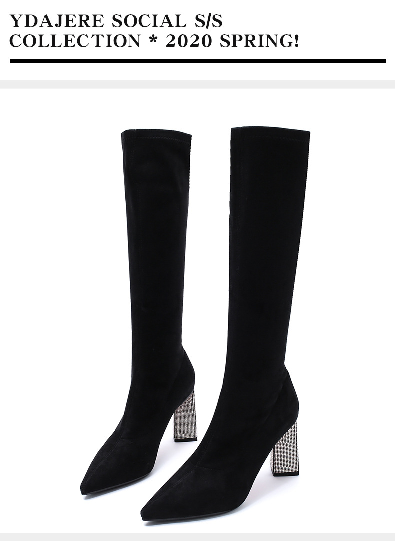 Winter Rhinestone Chunky Heel below the Knee Long Boots Female High Heel 202 New Pointed Toe All-Matching Black Thigh Highs Skinny Boots
